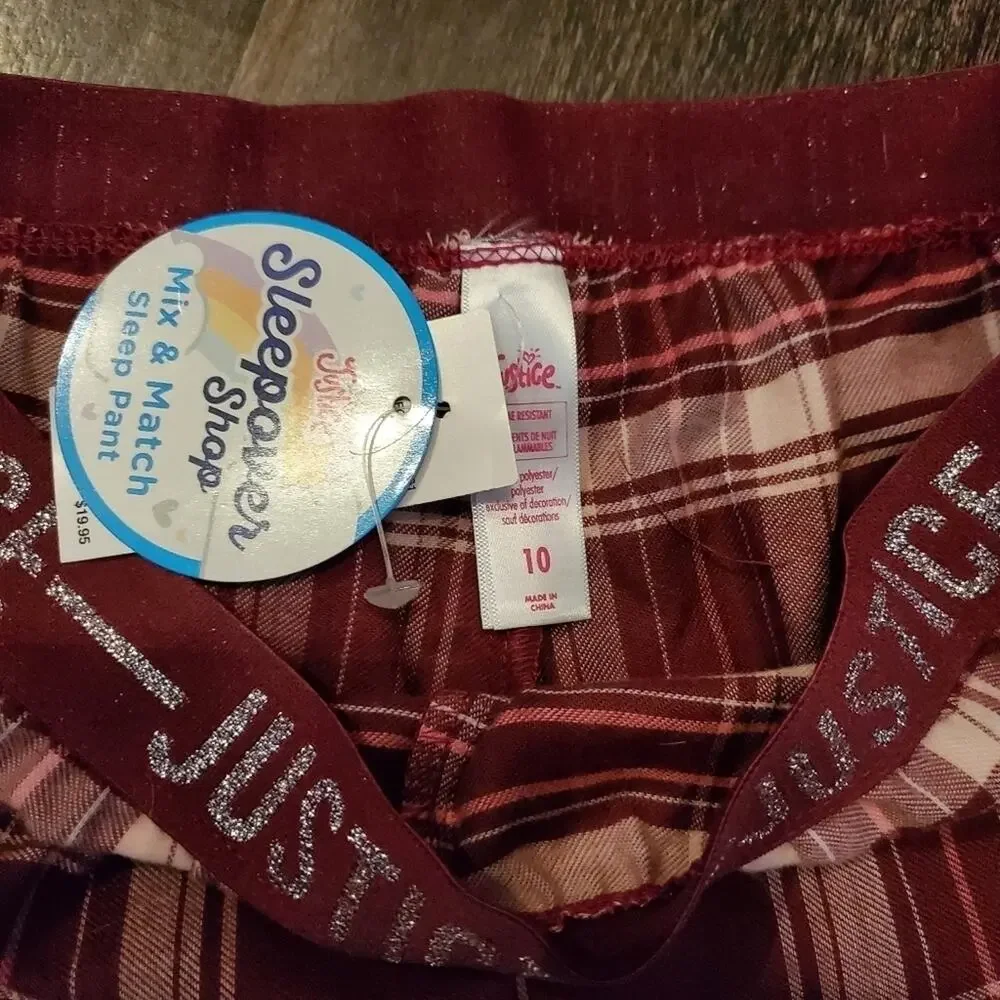 JUSTICE Girls Pink Plaid Burgundy Lounge Pajama Pants Size 10